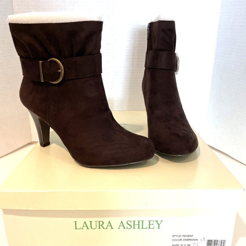 Laura Ashley Faux Suede Booties Heels Women's 6.5 Chocolate Buckle Heritage NIB